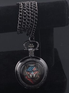 Black Pocket Watch Necklace  with American Flag Wolf Design